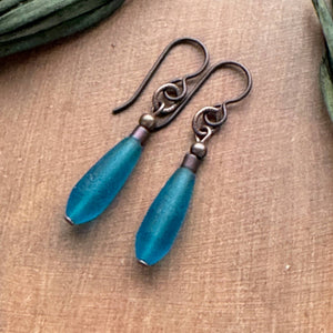 Matte Teal Teardrop Earrings - Stacked bead & Antique Copper