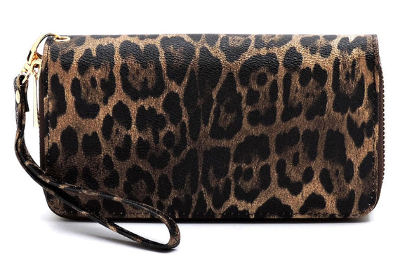 Leopard Brown Double Zip Around Wallet Wristlet