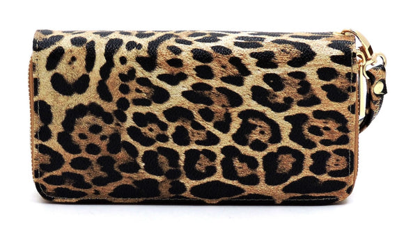 Leopard Tan Double Zip Around Wallet Wristlet