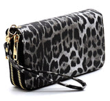 Leopard Black Double Zip Around Wallet Wristlet