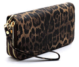 Leopard Brown Double Zip Around Wallet Wristlet