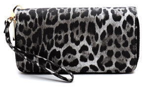 Leopard Black Double Zip Around Wallet Wristlet